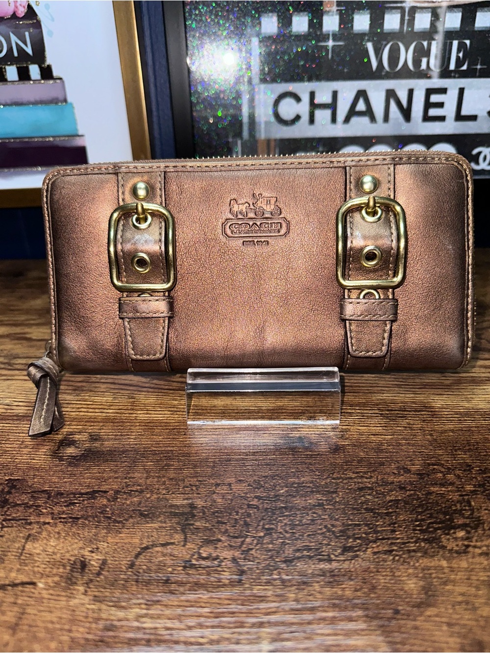 Coach Metallic Bronze Leather Zip Wallet with Gold Buckle Details